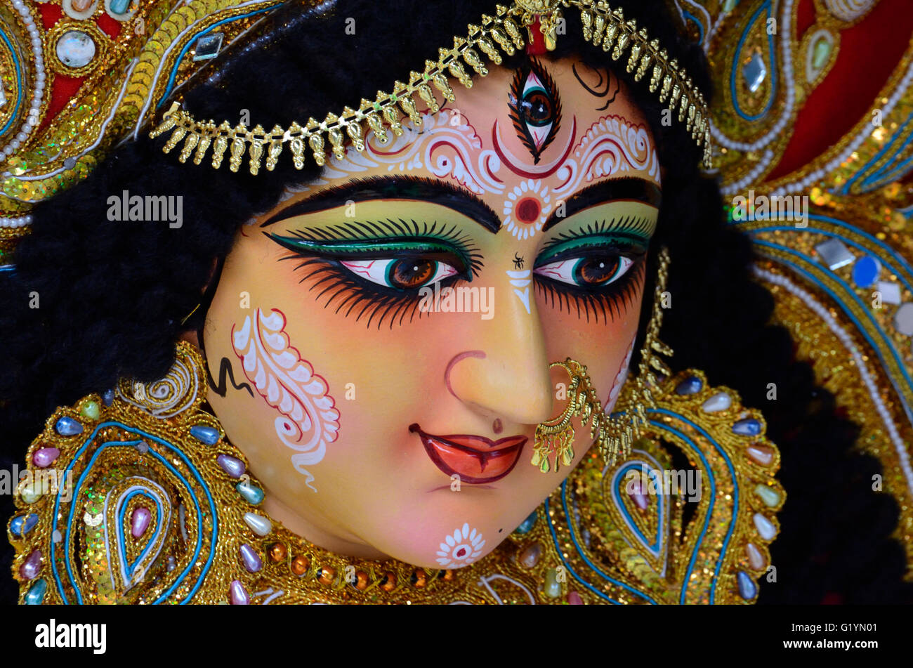 Idol der Göttin Durga, Durga Puja Festival, Kolkata, Westbengalen, Indien Stockfoto