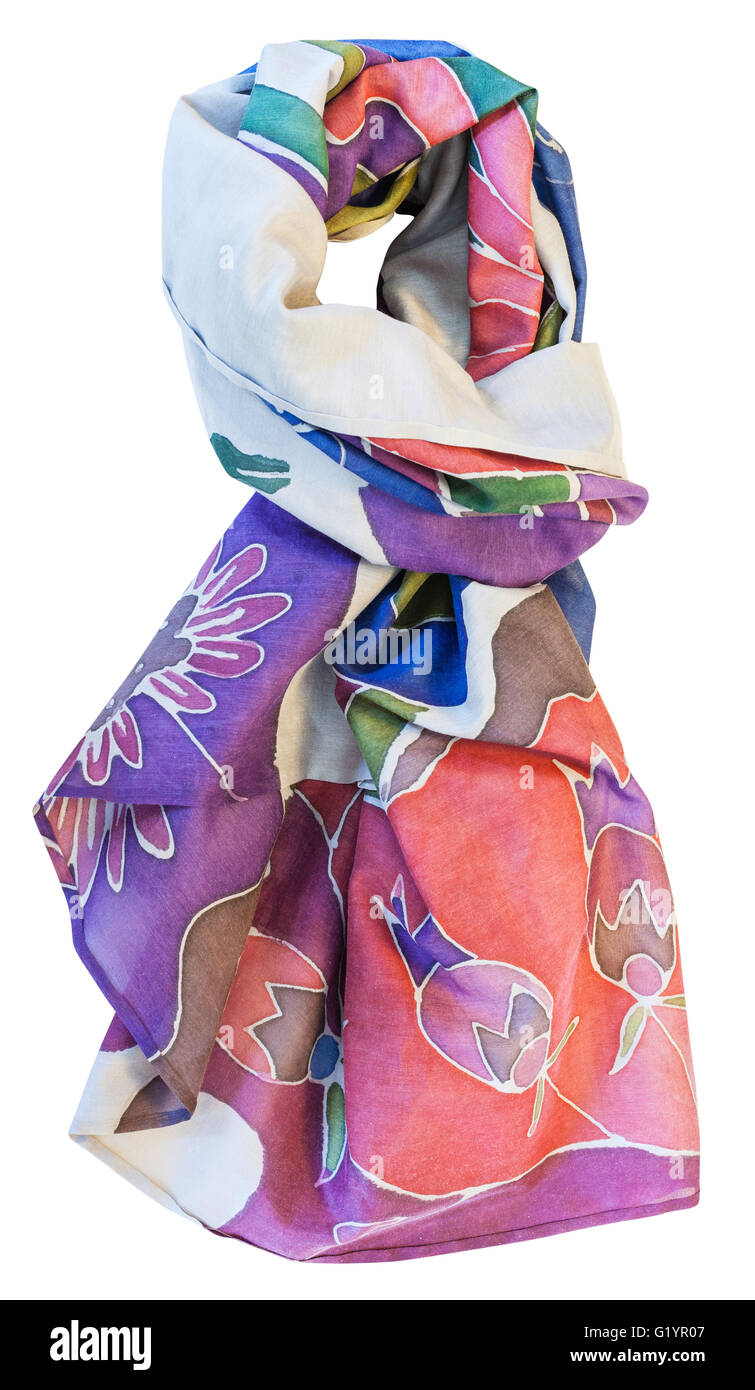 verknotete handgemalte Batik rot und lila Seidentuch mit Blumenmuster isoliert auf weißem Hintergrund Stockfoto