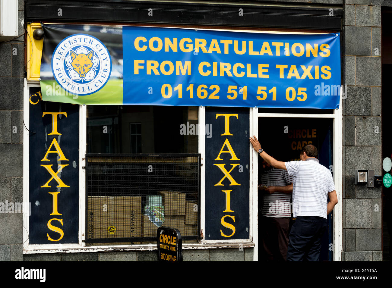 Leicester City Football Club Herzlichen Glückwunsch Banner, Innenstadt von Leicester, UK Stockfoto