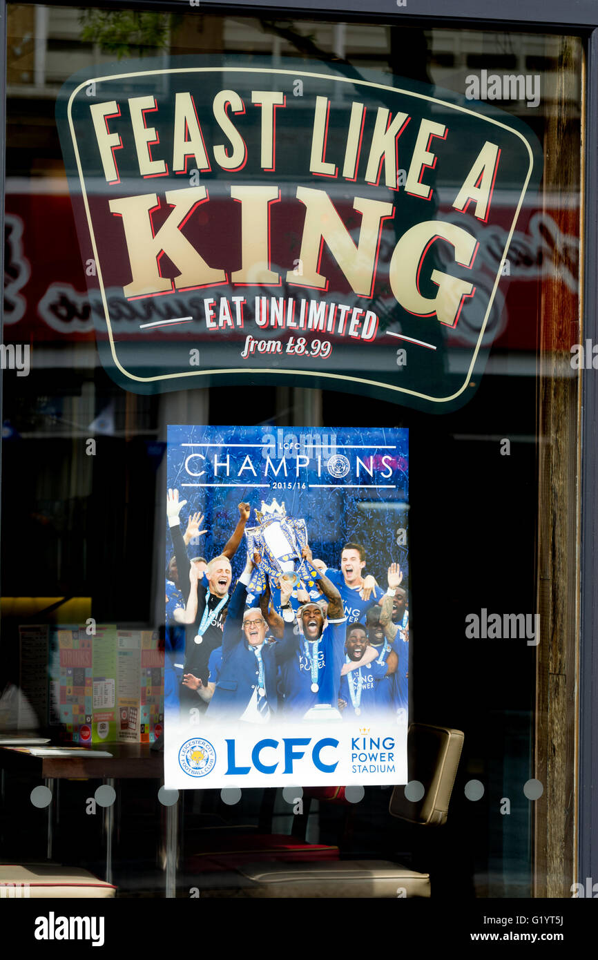 Leicester City Football Club Champions Plakat, Innenstadt von Leicester, UK Stockfoto