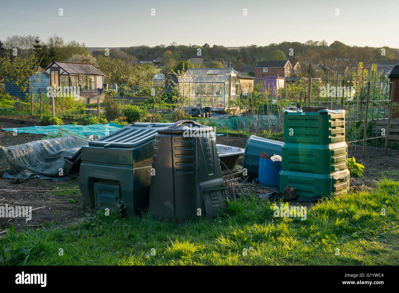 Burley in Wharfedale, West Yorkshire, England - Kontingente mit Kompost-Behälter (verschiedene Größen und Formen) und Gewächshäusern. Stockfoto