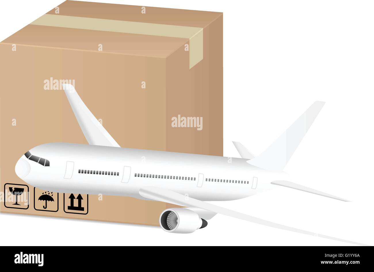 Box und Flugzeug auf einem weißen Hintergrund. Stock Vektor