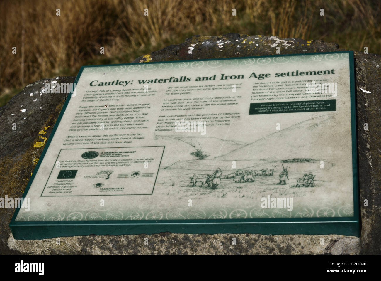 Info-Tafel für Cautley Tülle und Eisenzeit Siedlungsplatz. Howgill Fells, Cumbria, England, UK. Stockfoto