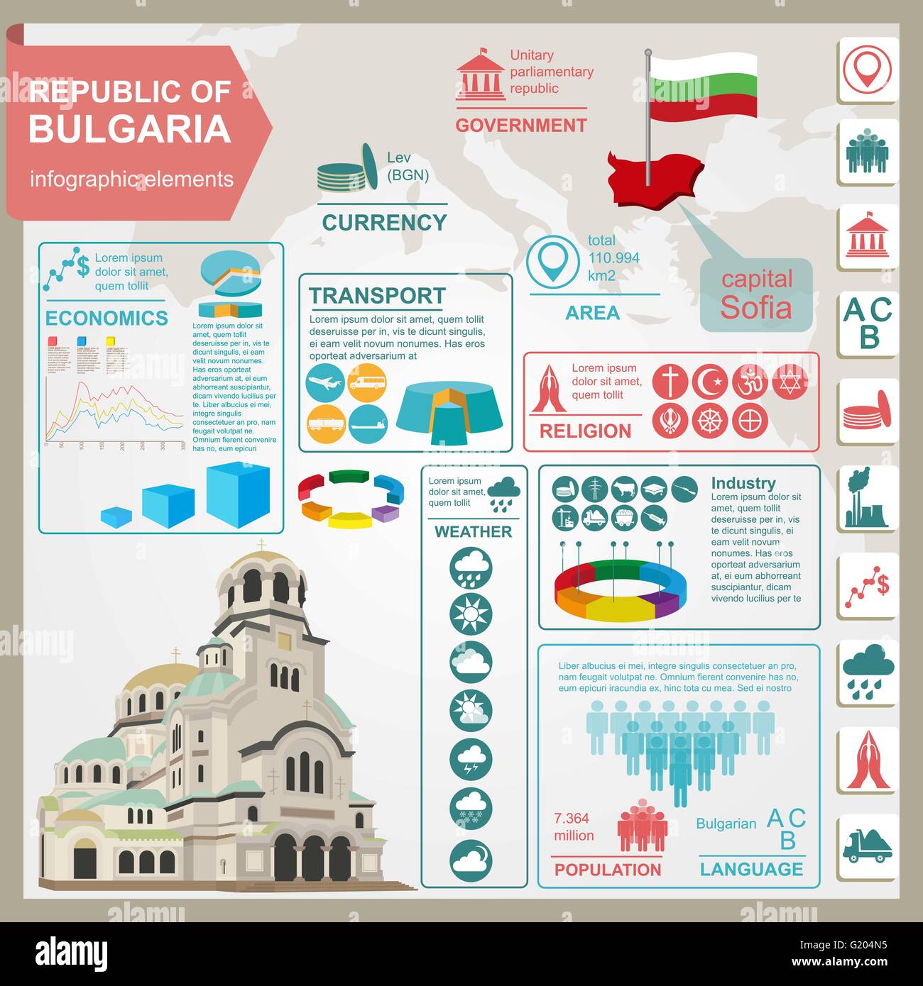 Bulgarien-Infografiken, statistische Daten, Sehenswürdigkeiten. Vektor-illustration Stock Vektor