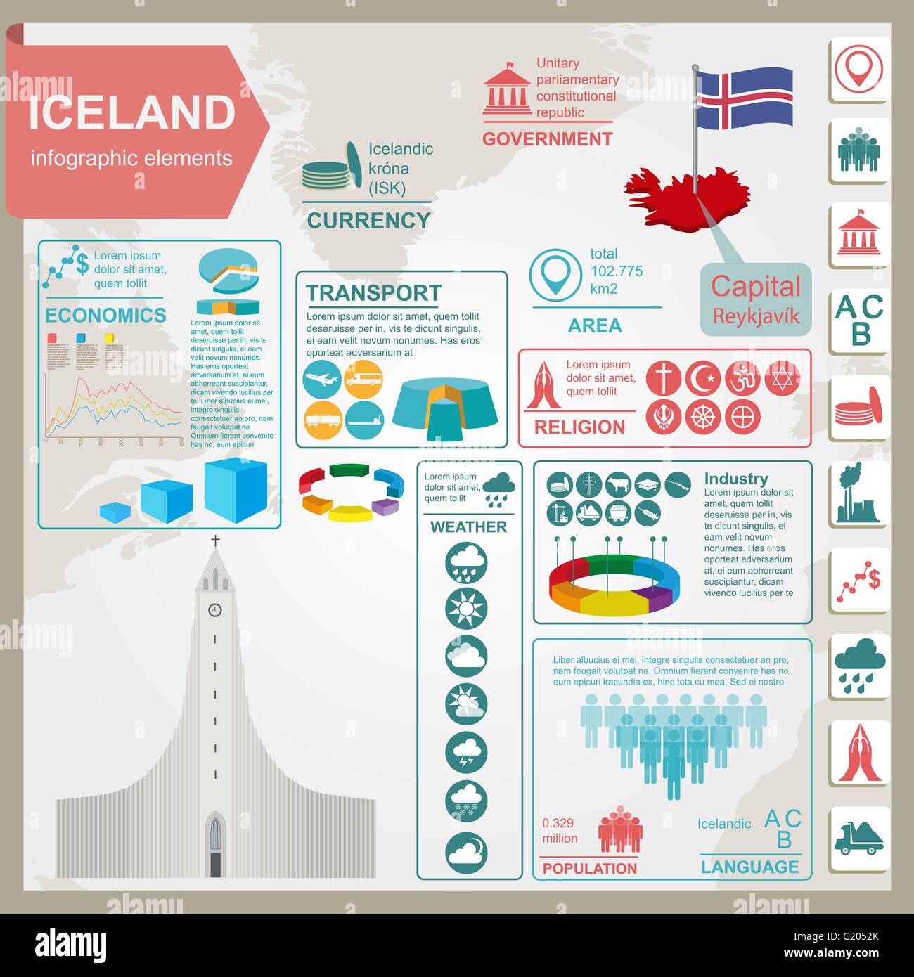 Island-Infografiken, statistische Daten, Sehenswürdigkeiten. Vektor-illustration Stock Vektor