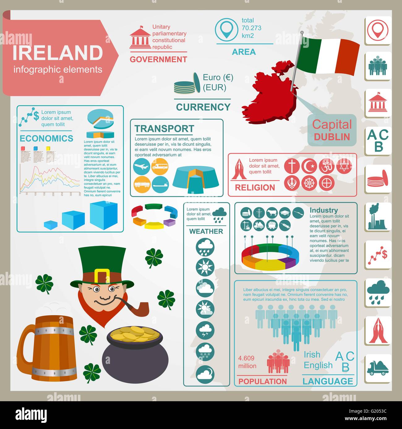 Irland-Infografiken, statistische Daten, Sehenswürdigkeiten. Vektor-illustration Stock Vektor