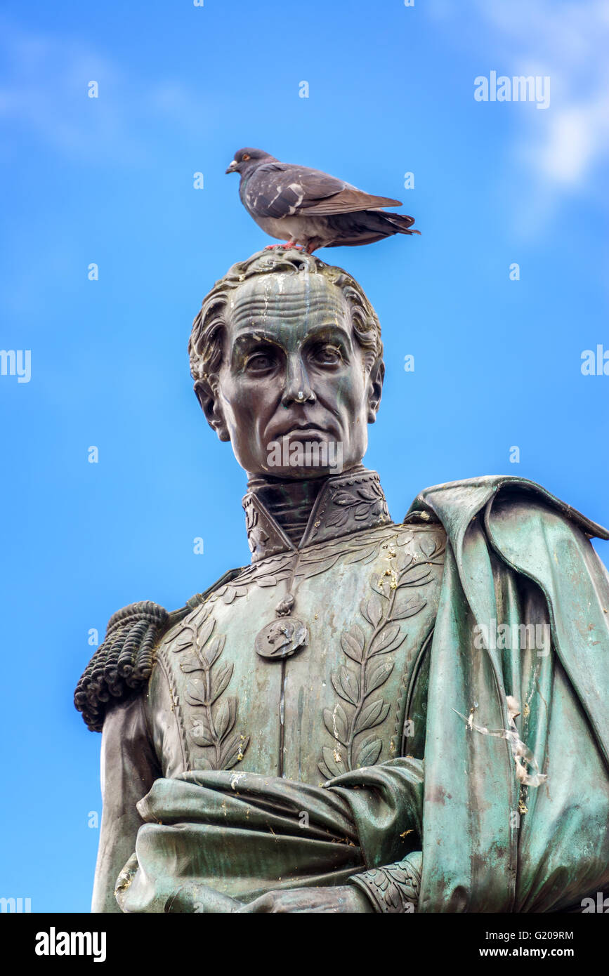 Taube steht auf dem Kopf einer Statue von Simon Bolivar in der Plaza de Bolivar im Zentrum von Bogota, Kolumbien Stockfoto