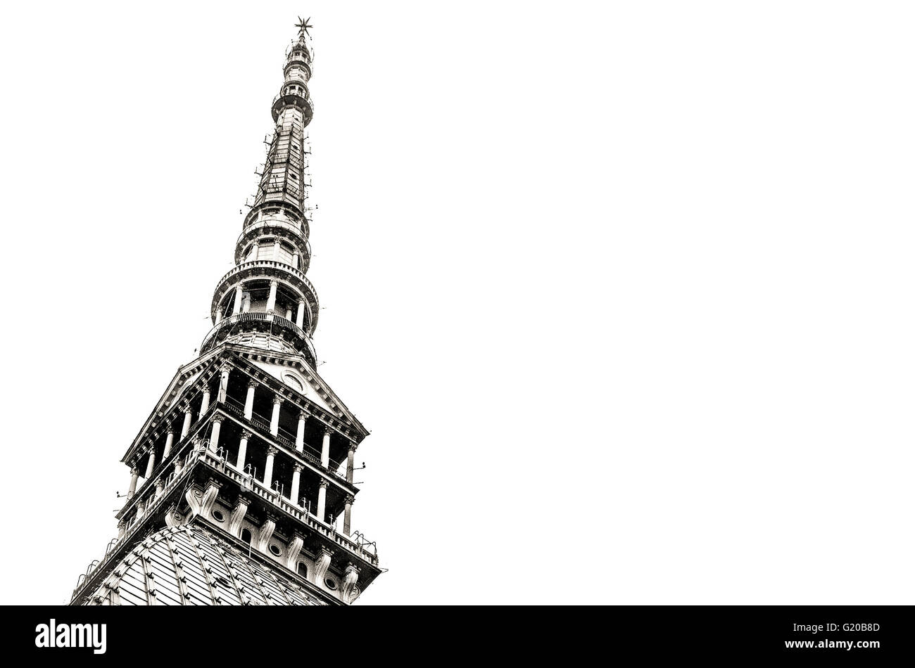Spitz Tipp Gebäude Mole Antonelliana Turin schwarzen und weißen Hintergrund Stockfoto