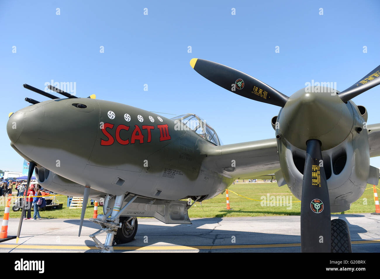 Saint Louis, Missouri, USA – 15. Mai 2016: P-38 Lightning auf dem Display auf der Luftfahrtmesse Spirit of Saint Louis in Saint Louis, Missouri. Stockfoto