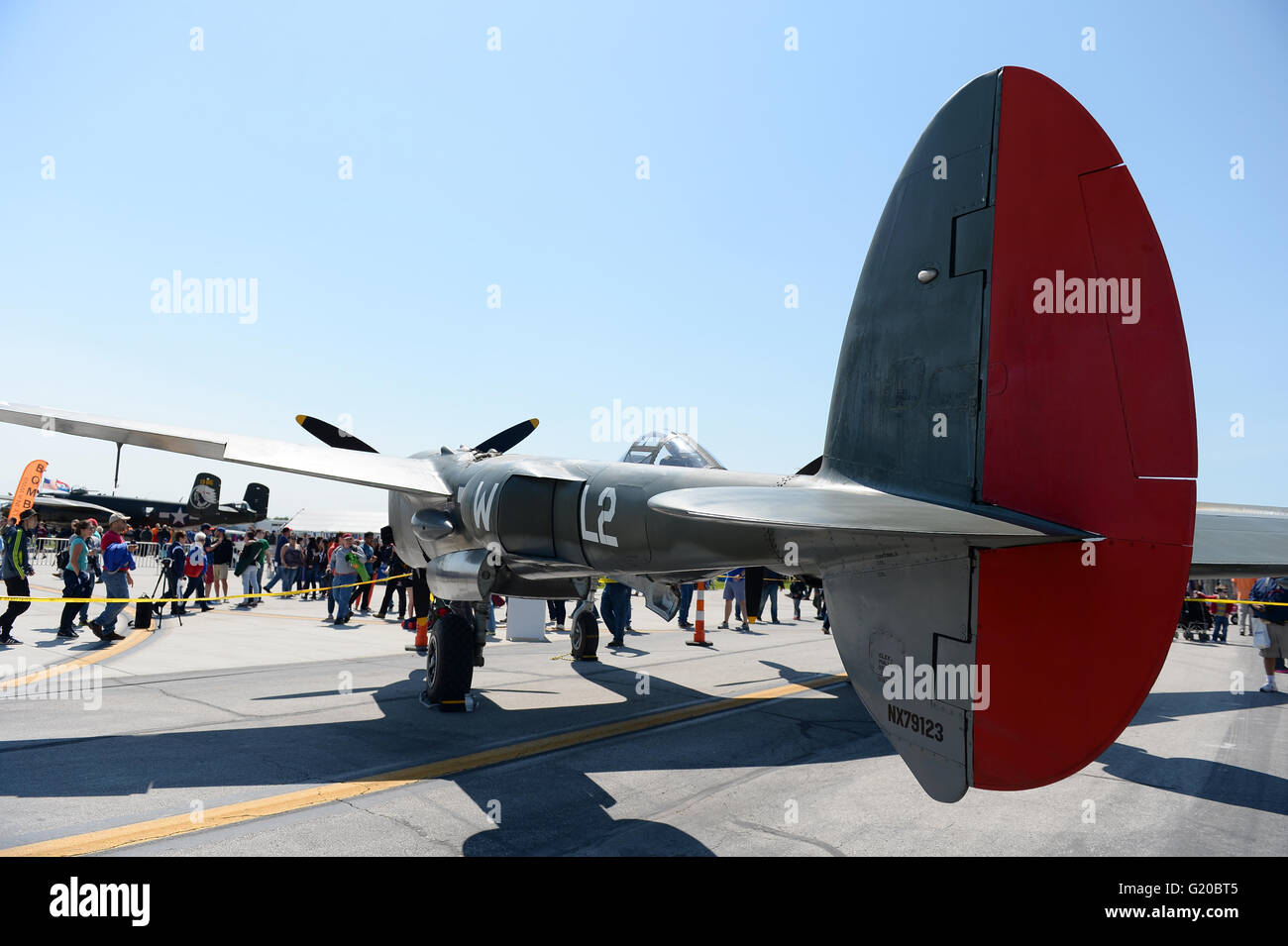 Saint Louis, Missouri, USA – 15. Mai 2016: P-38 Beleuchtung auf dem Display auf der Luftfahrtmesse Spirit of Saint Louis in Saint Louis, Missouri. Stockfoto