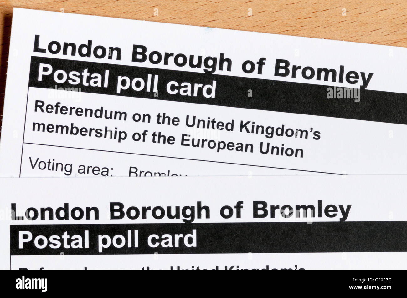 Postalischen Umfrage Karten für das Jahr 2016 Referendum über Großbritanniens Mitgliedschaft der Europäischen Union. Stockfoto