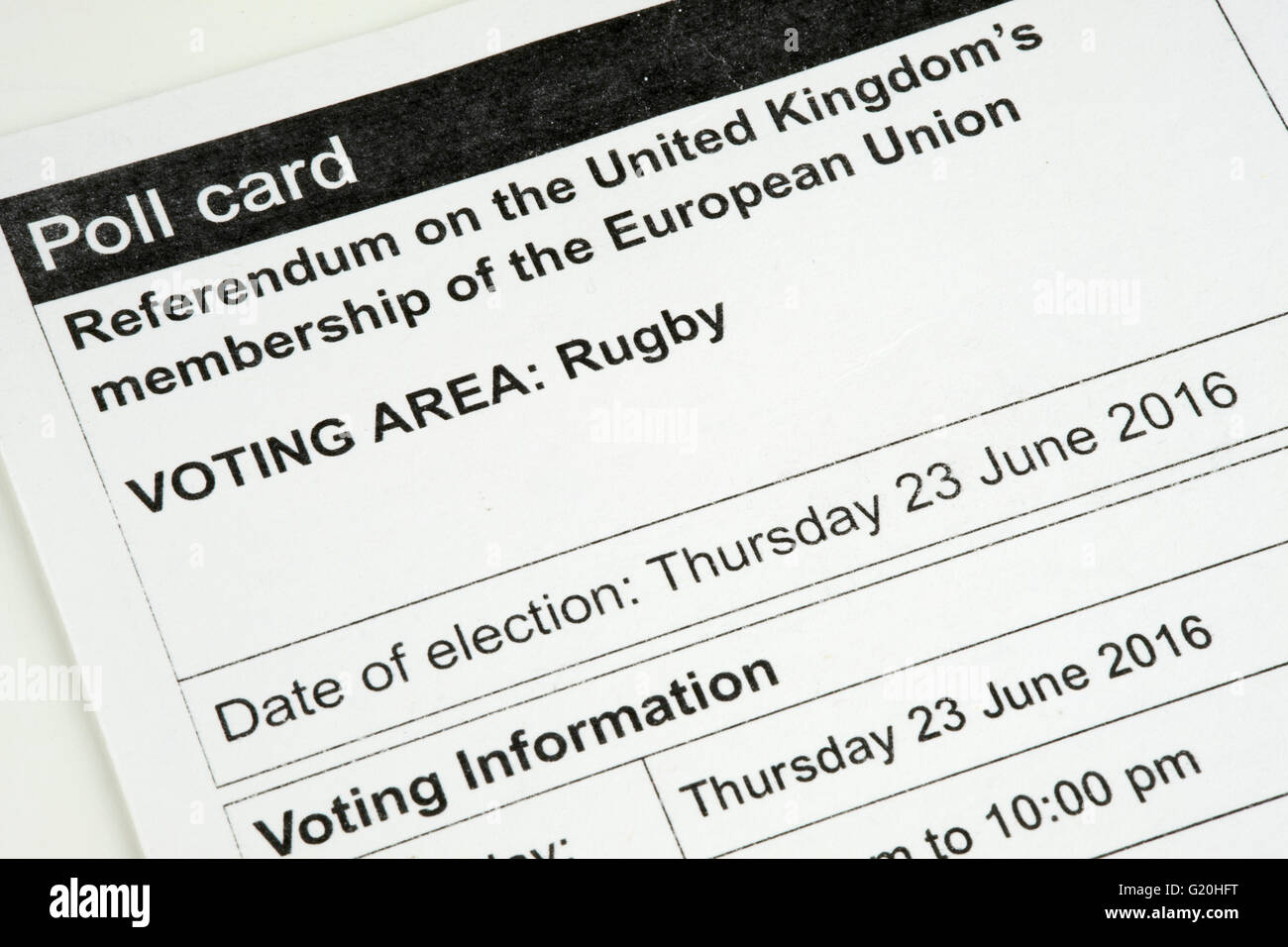 Umfrage-Karte für das Referendum über das Vereinigte Königreich als Mitglied der Europäischen Union Stockfoto