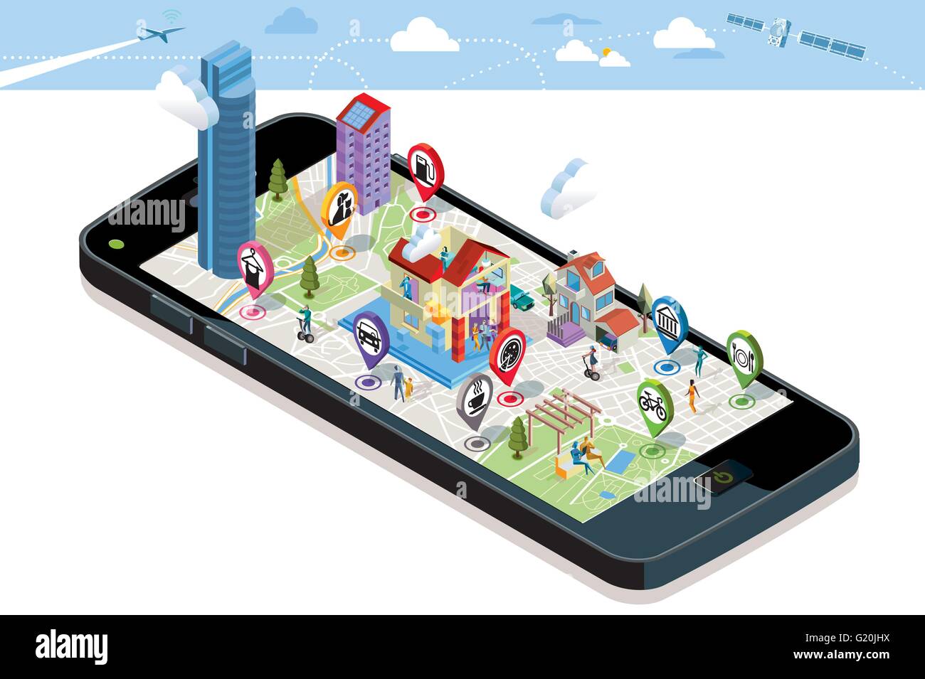 Stadtplan mit GPS-Dienste Symbole. Das Smartphone. Auf dem Bildschirm es einer Vektorkarte der Stadt, dem Stifte mit dem Standort angezeigt werden. Stock Vektor