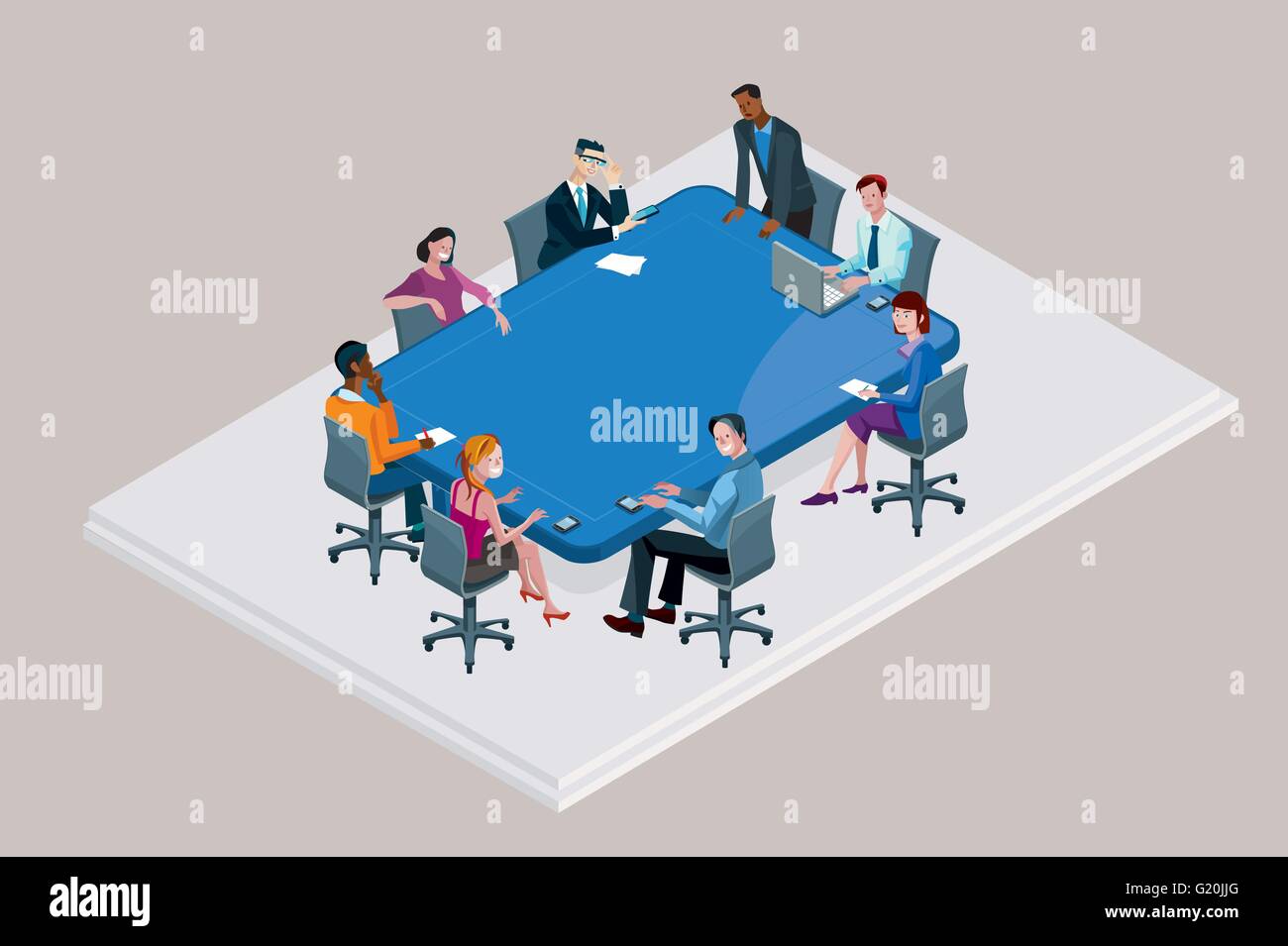 Kollegen an ein Büro treffen nahe einem großen blauen Konferenztisch. Stock Vektor
