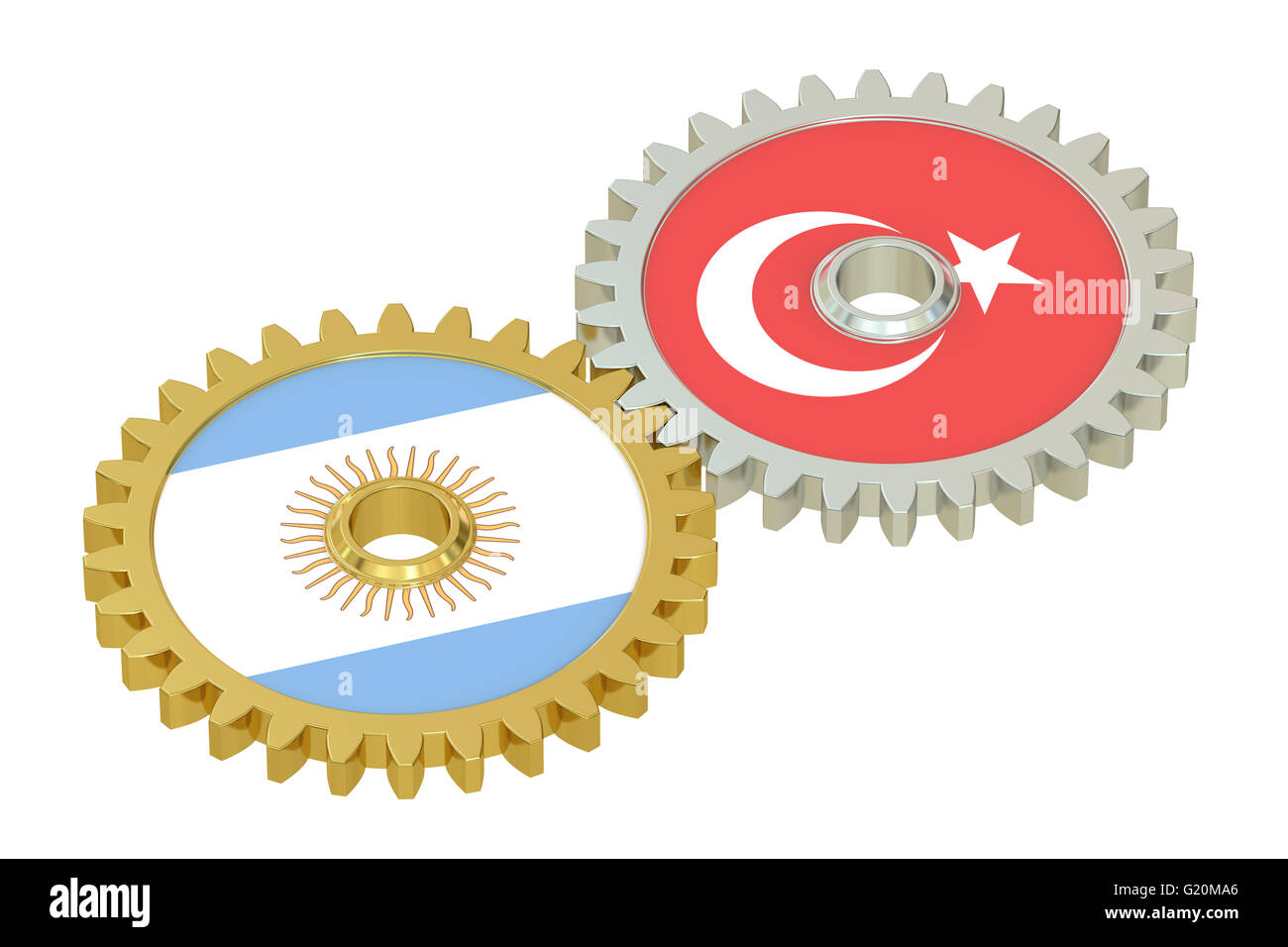 Argentinien und der Türkei Flaggen auf ein Getriebe, 3D-Rendering isolierten auf weißen Hintergrund Stockfoto