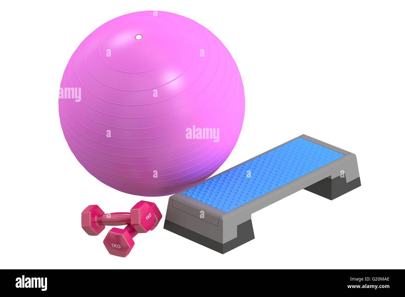 Fitness und Sport Ausstattungskonzept. Step-Aerobic Board, Hanteln und Fitball 3D-Rendering Stockfoto