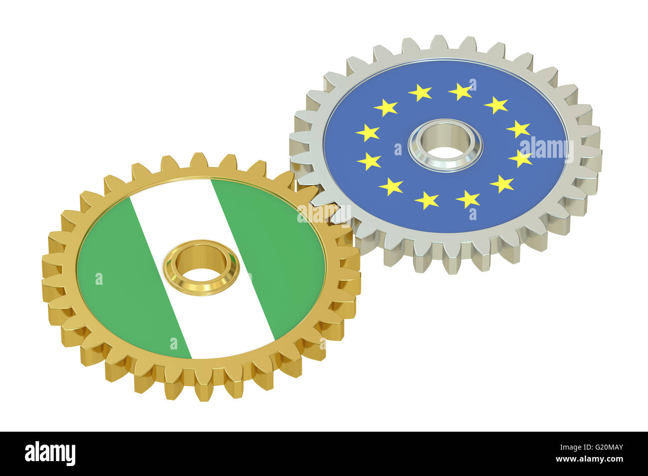 Nigeria und EU-Flaggen auf ein Getriebe, 3D-Rendering isolierten auf weißen Hintergrund Stockfoto