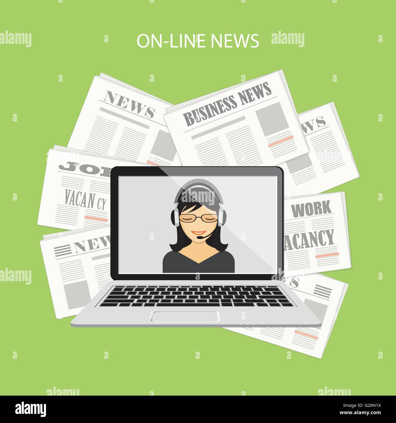 Flaches Design moderne Vector Illustration Konzept der Business News, Video Konferenz mit Laptop und Mädchen auf dem Hintergrund mit ne Stock Vektor