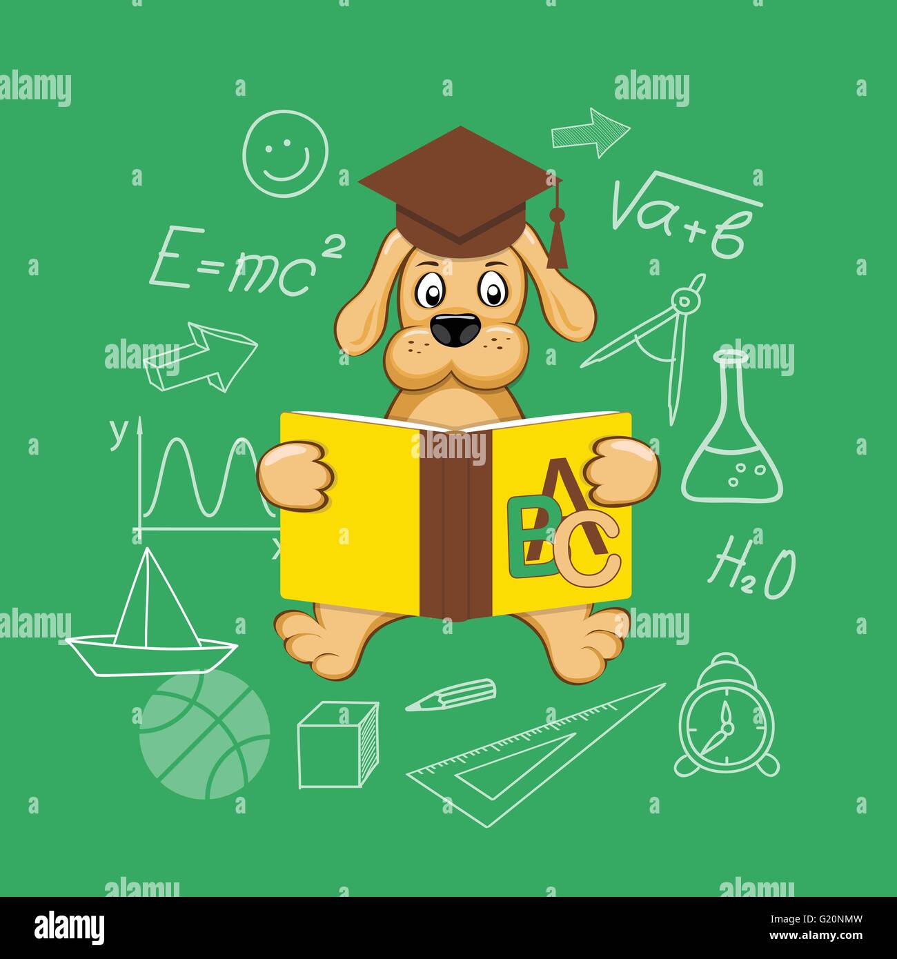 Flache design Vector Illustration Konzept von Schule, Hochschule, Ausbildung, Studium, Training mit cartoon Hund, Buch- und Ac Stock Vektor