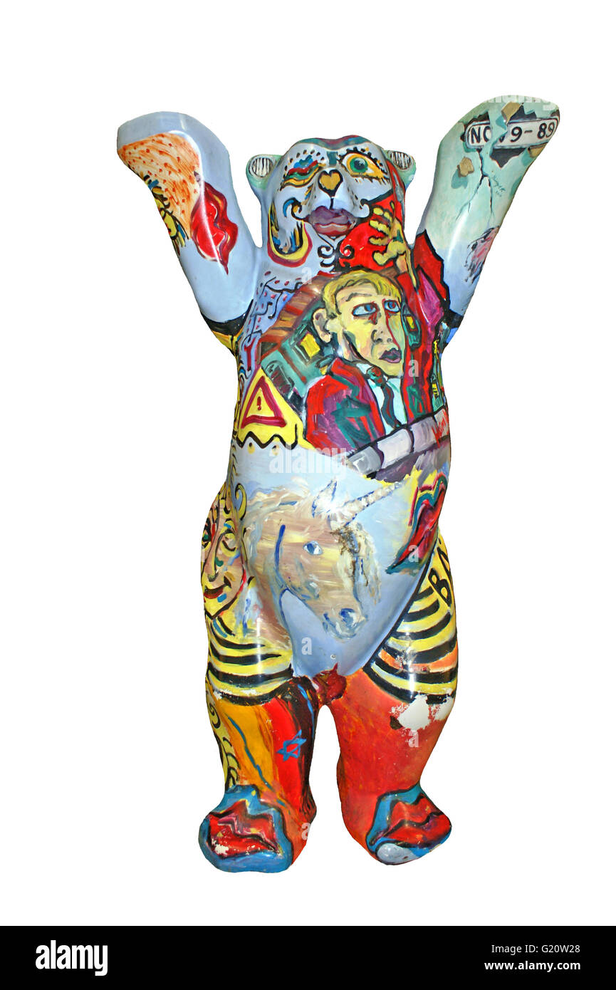 Berliner Bär, bemalt mit Graffiti, Bär Kunst, Freisteller - Bär aus Berlin begrüßen, bunte Bär, erinnert an die Berliner Mauer Stockfoto
