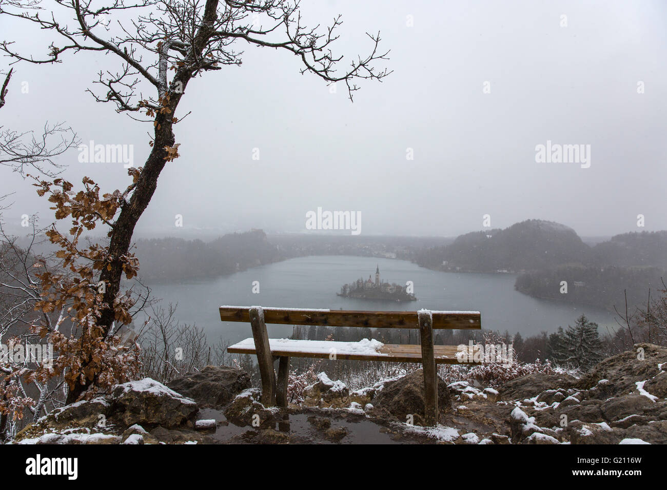 Snowy Sitzbank mit Blick auf die Insel in der Mitte des Sees Bled. Slowenien. Stockfoto