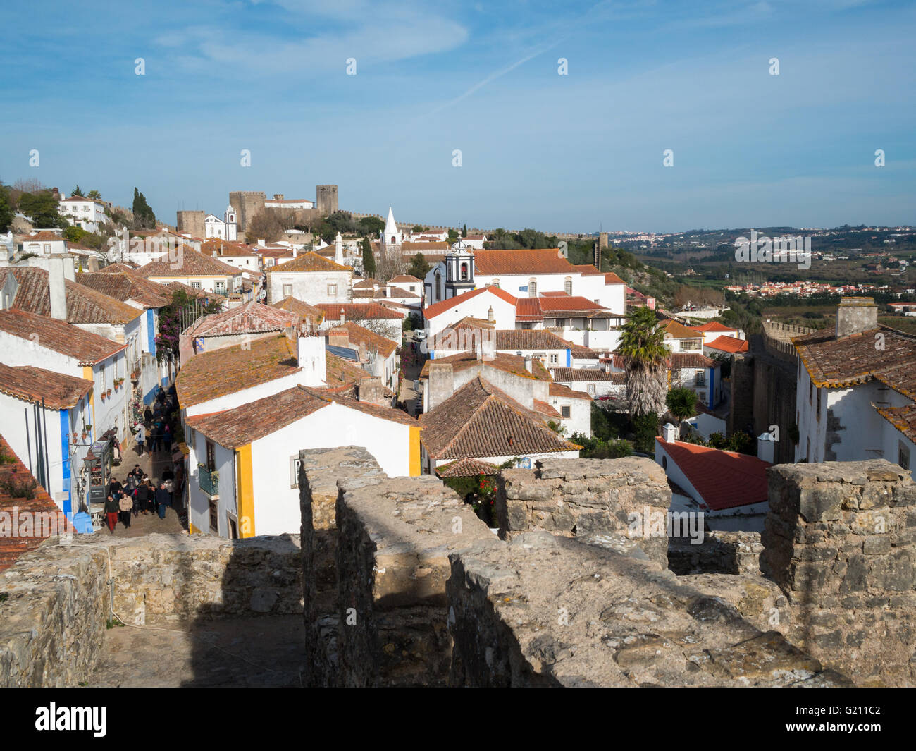 Obidos Dächer gesehen vom oberen Rand der Dorf-Wände Stockfoto