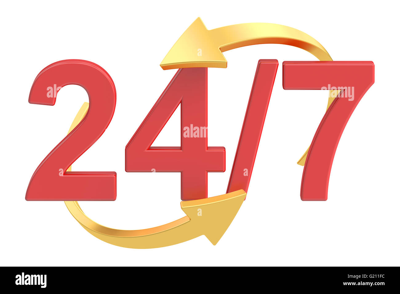 24/7-Konzept, 3D-Rendering isolierten auf weißen Hintergrund Stockfoto