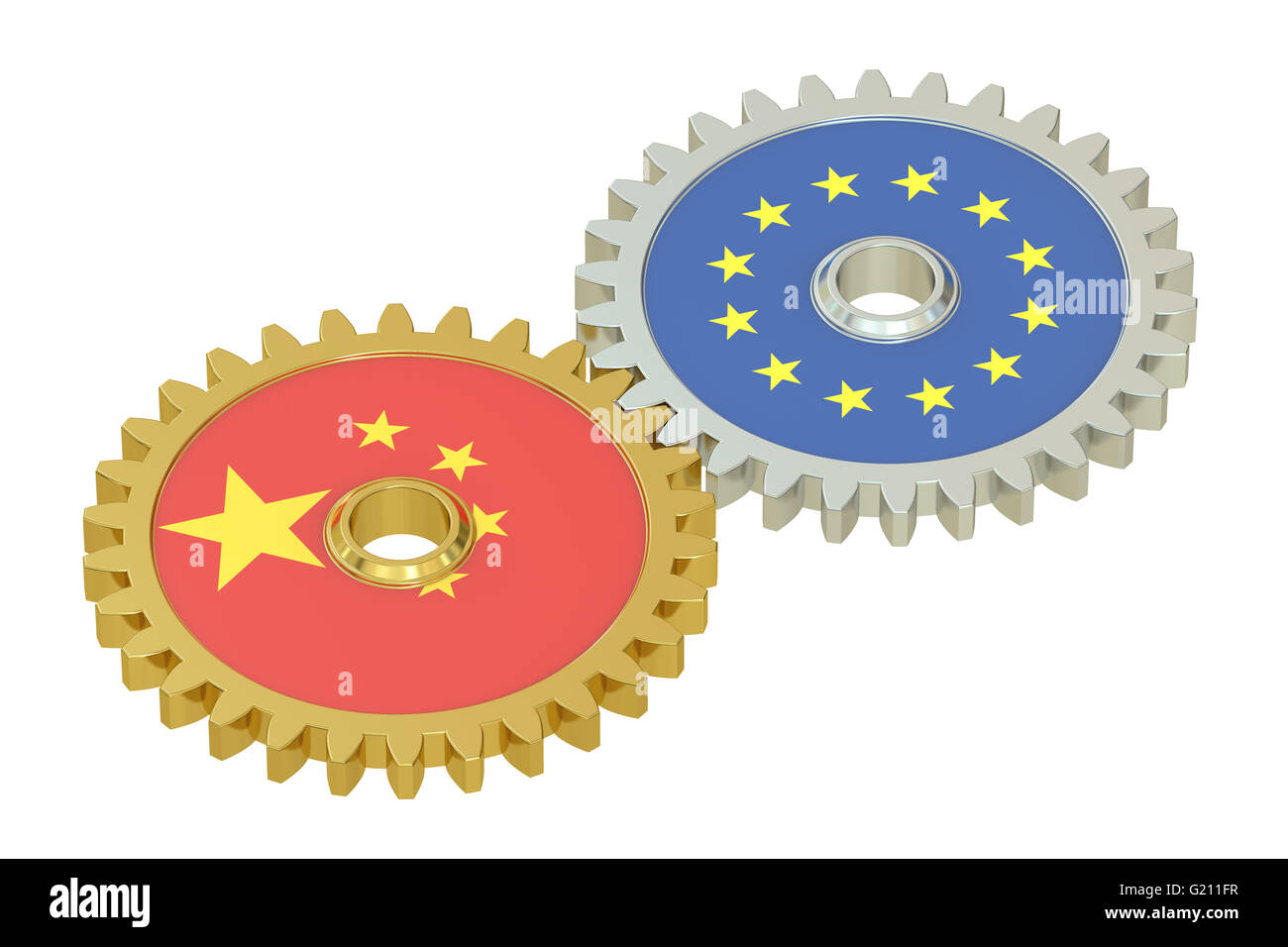 Chinesisch und EU-Flaggen auf ein Getriebe, 3D-Rendering isolierten auf weißen Hintergrund Stockfoto
