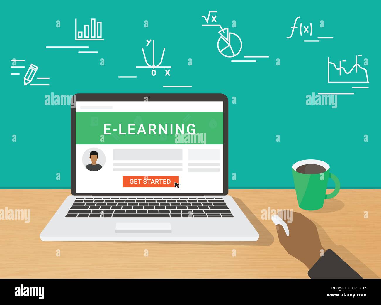 E-Learning Konzept Darstellung der menschlichen Hand arbeiten mit laptop Stock Vektor