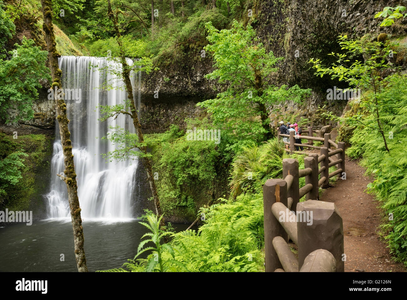 Unteren Süden fällt bei Wanderern auf Trail von zehn Falls; Silver Falls State Park, Oregon. Stockfoto