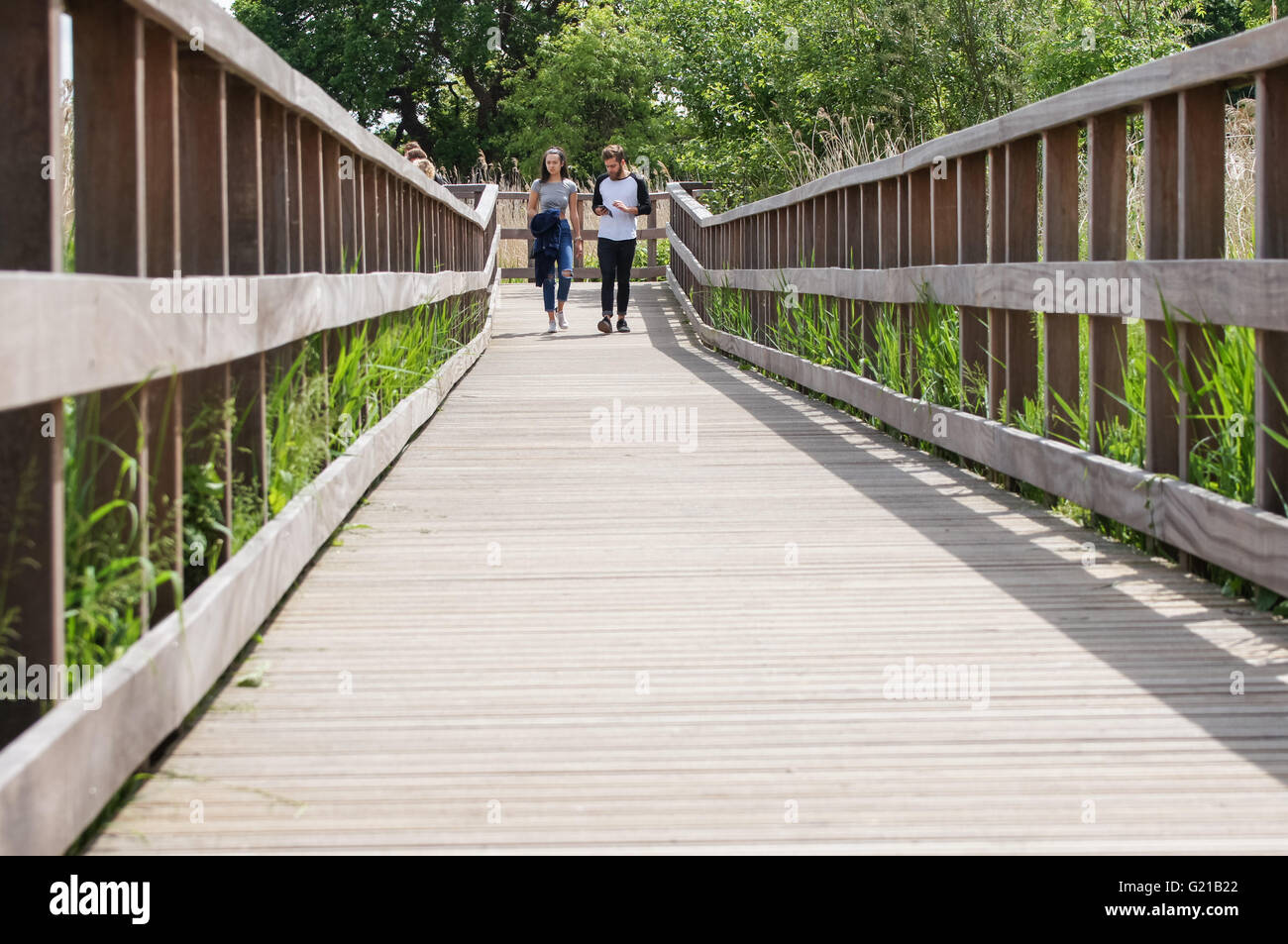 Menschen genießen sonniges Wetter in Woodberry Feuchtgebiete Natur reserve, London England Vereinigtes Königreich UK Stockfoto