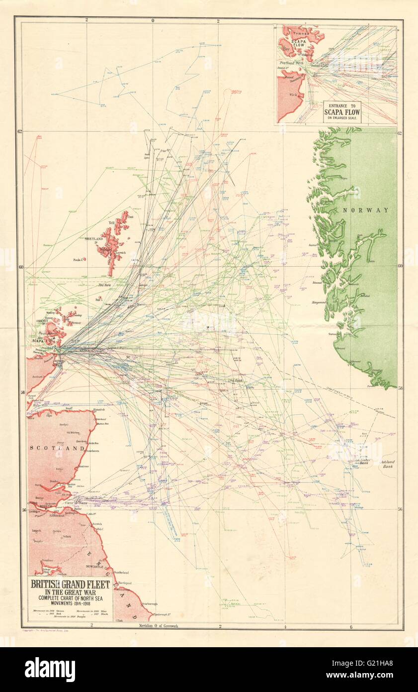 "Britische Grand Fleet im ersten Weltkrieg" Nordsee Bewegungen. HARMSWORTH, 1920-Karte Stockfoto