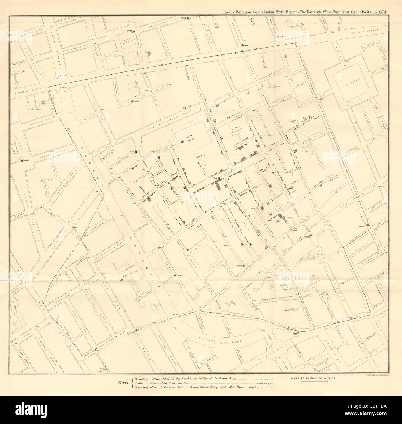 1854 Broad Street Cholera Ausbruch, Soho, London durch Dr. John Snow, 1874 alte Karte Stockfoto