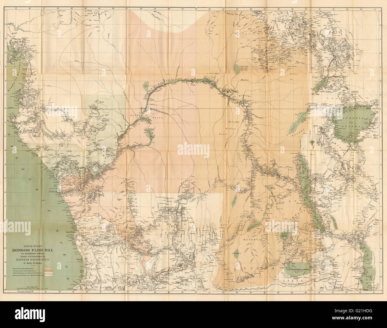 Kongo-Freistaat & Flusstal. Zentral-Afrika. HENRY MORTON STANLEY, 1885-Karte Stockfoto