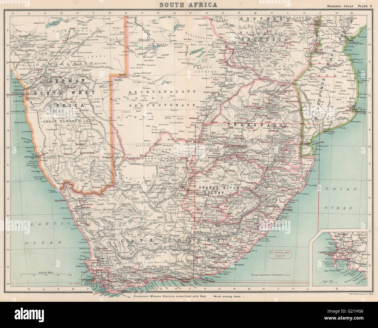 SÜDLICHEN AFRIKA PROTESTANTISCHEN MISSIONEN. Namibia-Rhodesien Betschuanaland, 1911-Karte Stockfoto