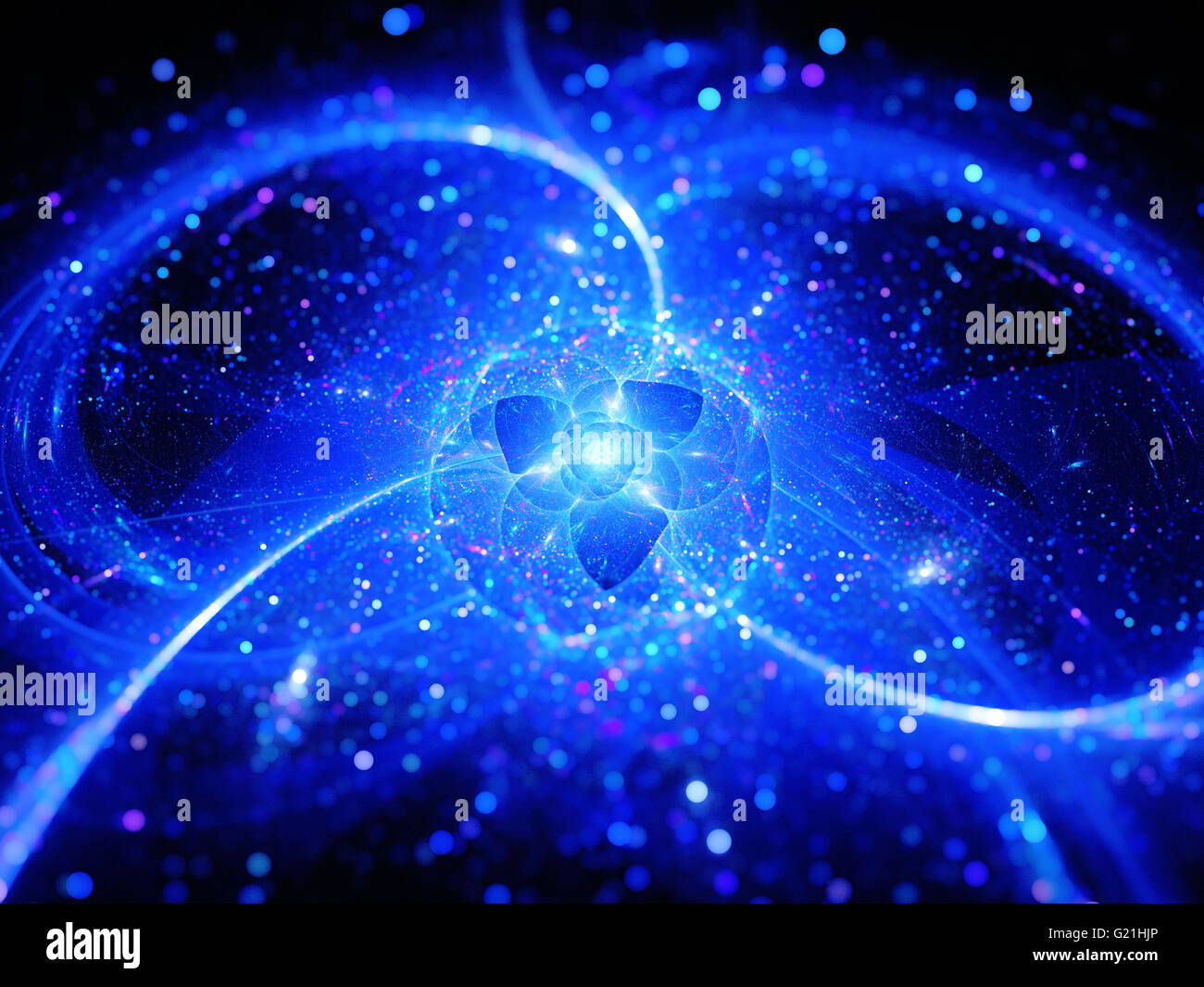 Futuristische blau leuchtende Objekt im Raum mit Bahnen, Computer generierte abstrakten Hintergrund Stockfoto