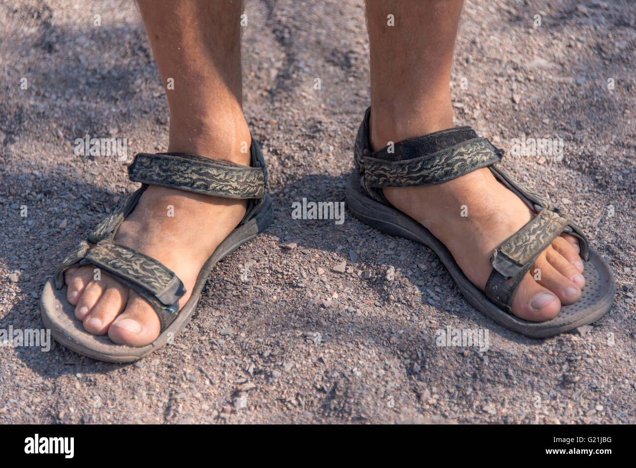 Füße eines Mannes in Sandalen, stehend in den sand Stockfotografie - Alamy