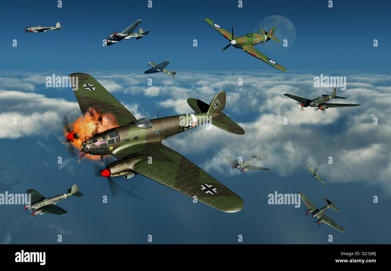 Die Luftschlacht um England. Hawker Hurricanes der RAF, Nazi-deutschen Heinkel He 111 Mittlerer Bomber angreifen. Stockfoto