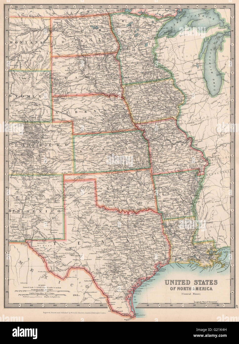 MISSISSIPPI-TAL. Zentralen Vereinigten Staaten Texas USA Eisenbahnen. JOHNSTON, 1912 Karte Stockfoto