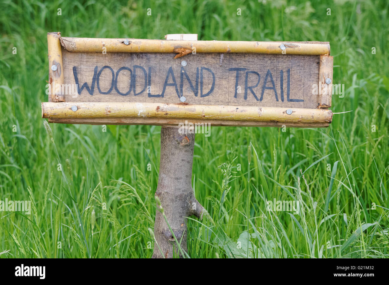Woodland Trail Zeichen im Naturschutzgebiet Woodberry Feuchtgebiete, London England Vereinigtes Königreich UK Stockfoto