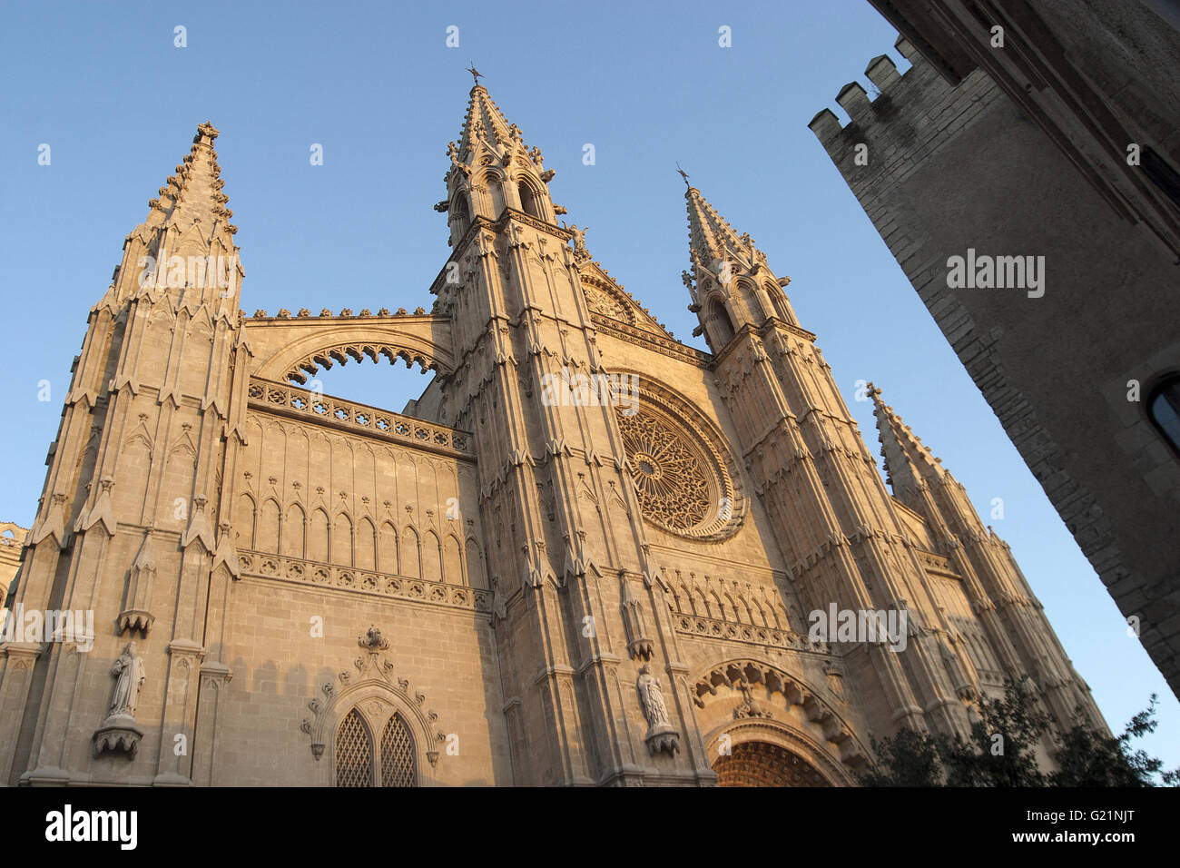 ein schönes Weitwinkel-Bild der vorderen Fassade des Heiliges Marys Kathedrale in der Stadt Palma, Palma De Mallorca, Spanien Stockfoto