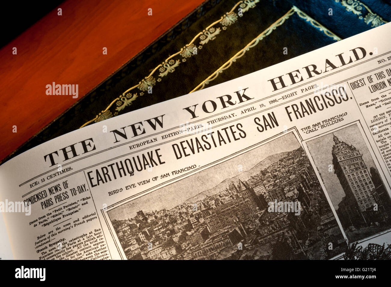Die New York Herald Schlagzeile mit der 19. April 1906 San-Francisco-Erdbeben und die anschließende Feuer Stockfoto