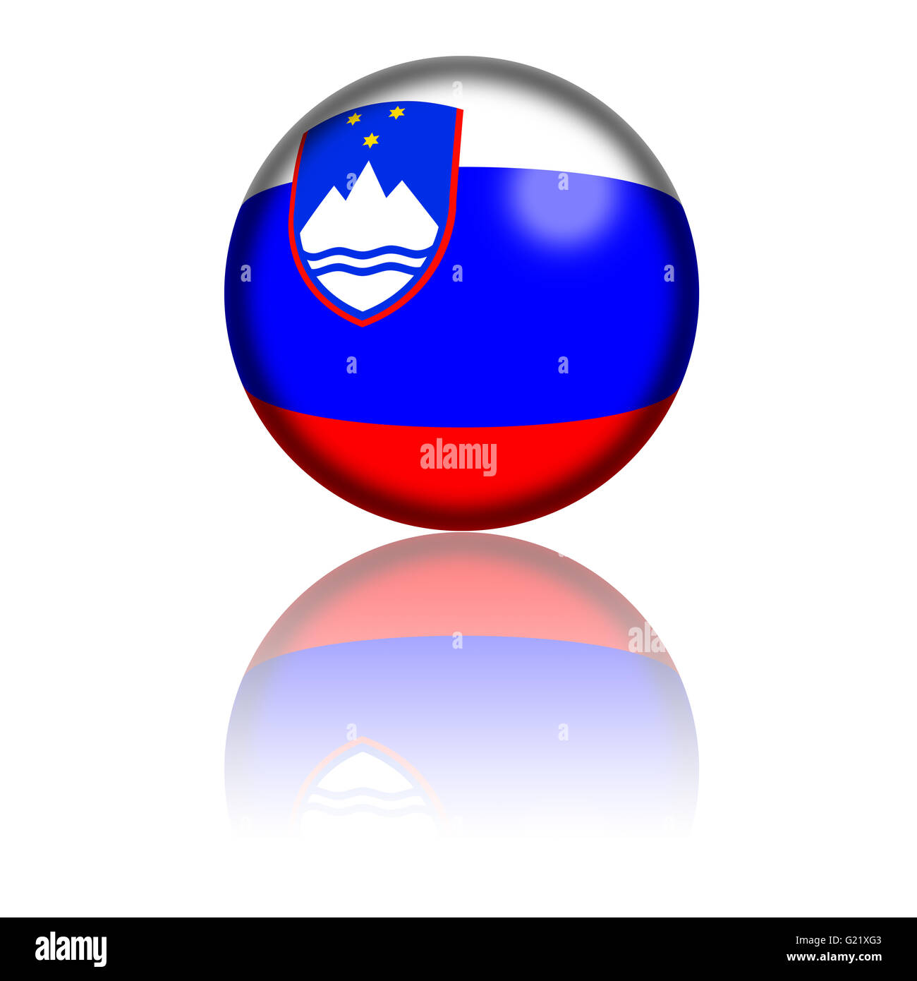 3D Kugel oder Abzeichen der Slowenien-Flagge mit Reflexion am Boden. Stockfoto