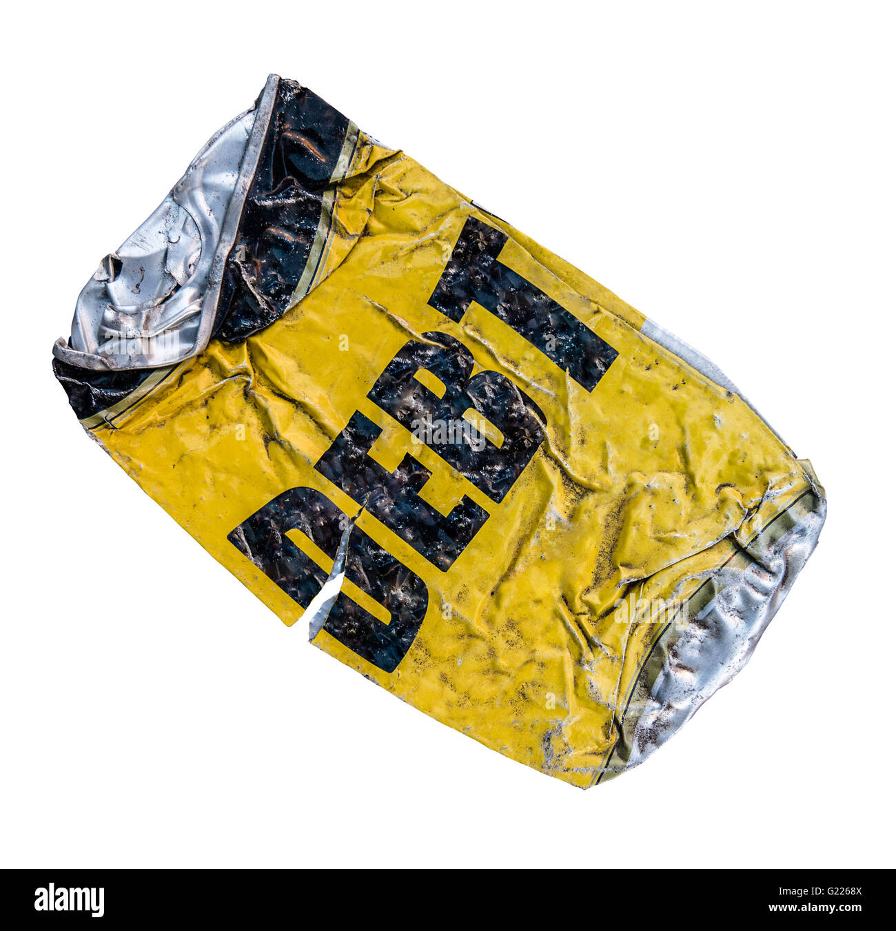 Zerdrückte Dose mit Wort Schulden auf weißem Hintergrund Stockfoto