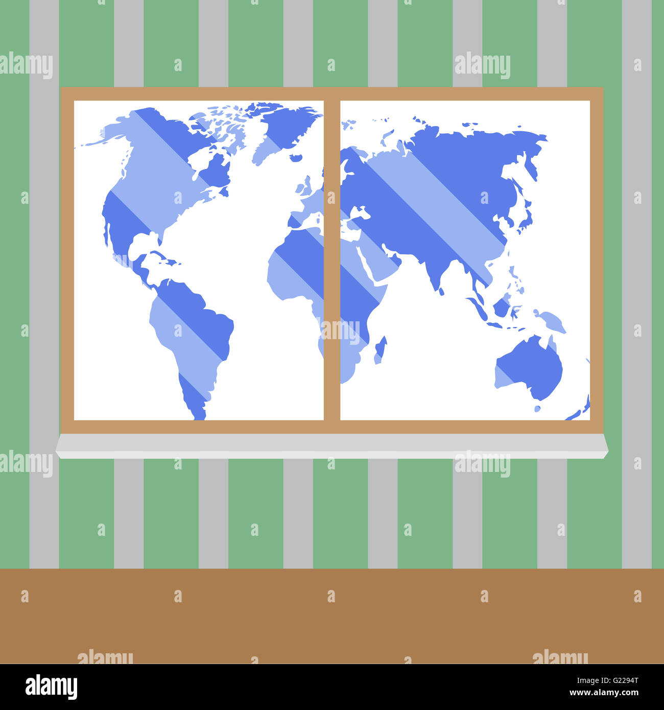 Blick vom Fenster auf der Weltkarte. Weltkarte-Geschäft und kreative Welt Bildschirm. Flaches Design Vektorgrafik Stockfoto