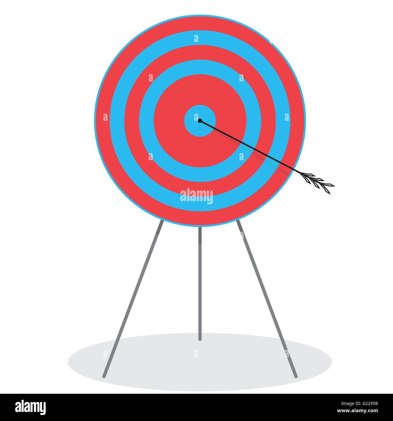 Mitten im Bullseye. Pfeil im Ziel. Ziel und Dart, Pfeil und Bullseye-Symbol. Bullseye Ziel und Dart Board am Ziel. VEC Stockfoto