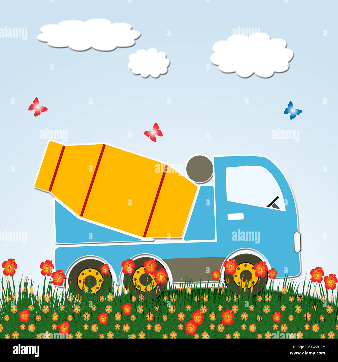 Betonmischer-LKW in einem Feld mit Blumen. Grafik-Design ideal für Kinderzimmer Dekoration und Geschenke für kleine Kinder. Stockfoto