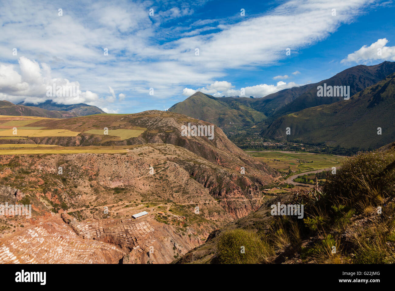 Die terrassenförmig angelegten Salinen von Maras, Heiliges Tal, Peru Stockfoto