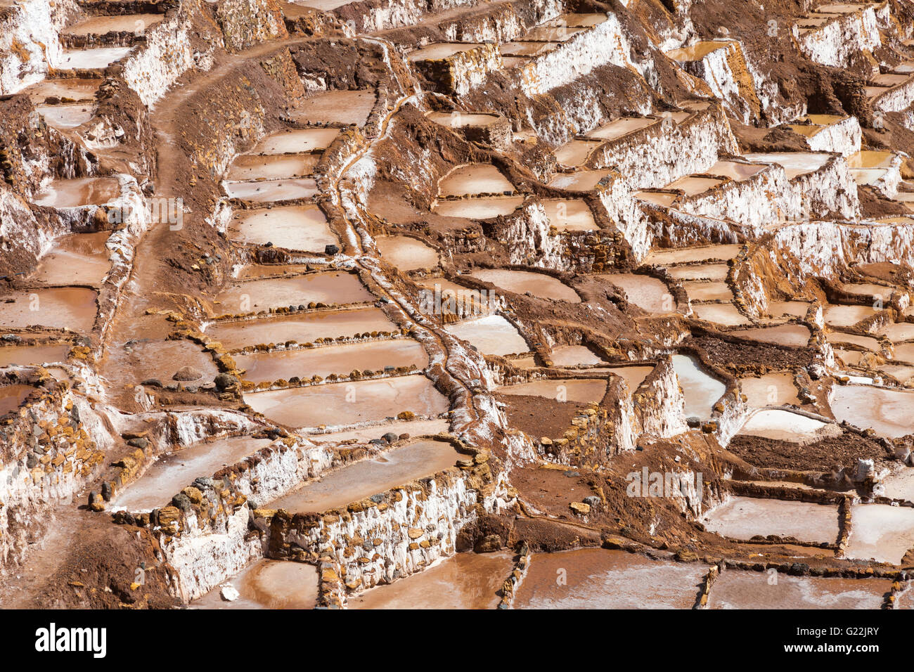 Die terrassenförmig angelegten Salinen von Maras, Heiliges Tal, Peru Stockfoto
