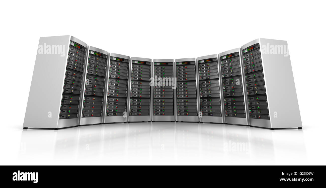 Reihe von Netzwerk-Servern im Data center isolierten auf weißen Hintergrund Stockfoto